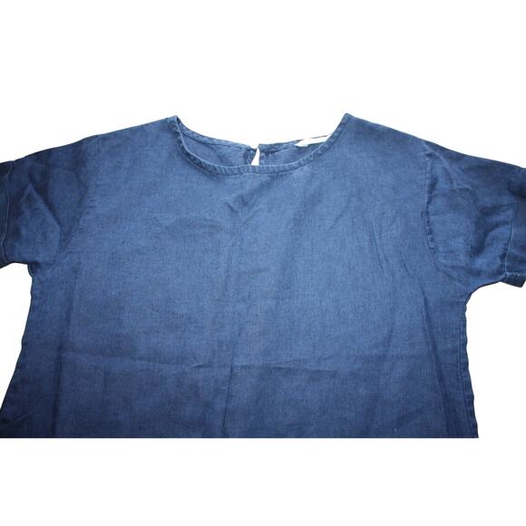 Mango Casual Women's Small Blue Linen Top Tops Short Sleeve Round Neck Tee - Picture 3 of 4